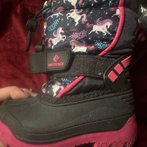 Merence Kids' Navy Unicorn Waterproof Snow Boots with Pink Trim